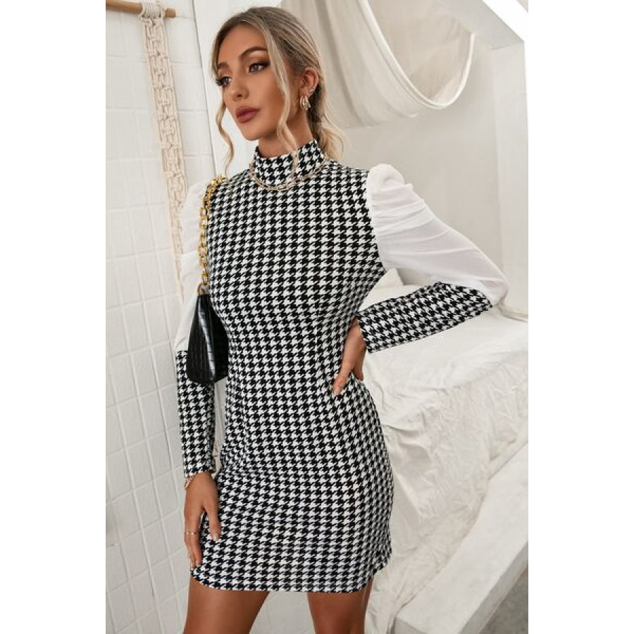 Houndstooth Mock Neck Puff Sleeve Dress Apparel and Accessories