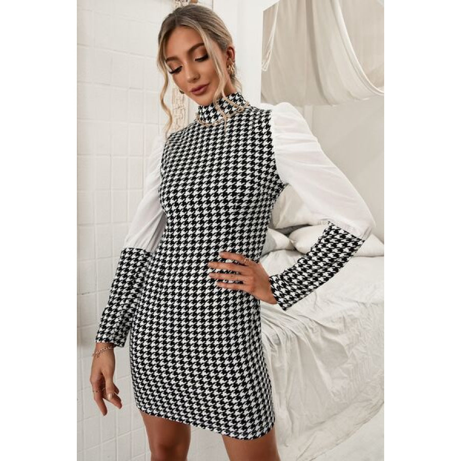 Houndstooth Mock Neck Puff Sleeve Dress Black / S Apparel and Accessories