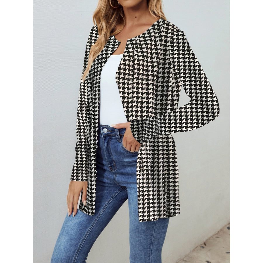 Houndstooth Open Front Long Sleeve Jacket Apparel and Accessories