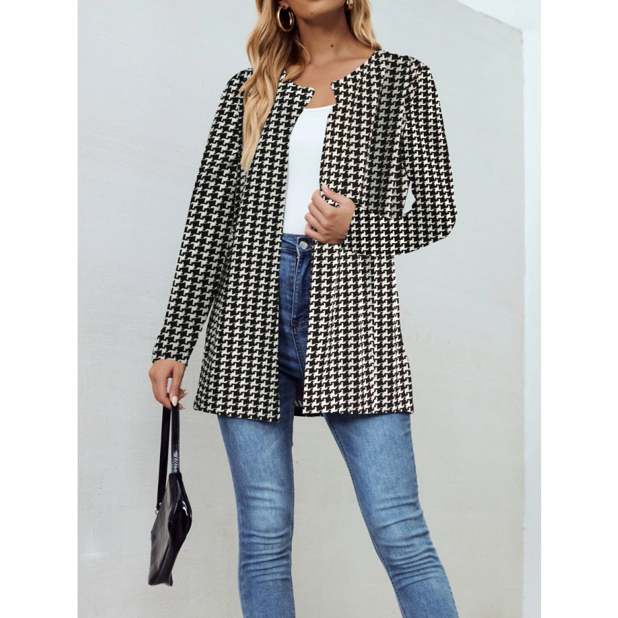 Houndstooth Open Front Long Sleeve Jacket Apparel and Accessories