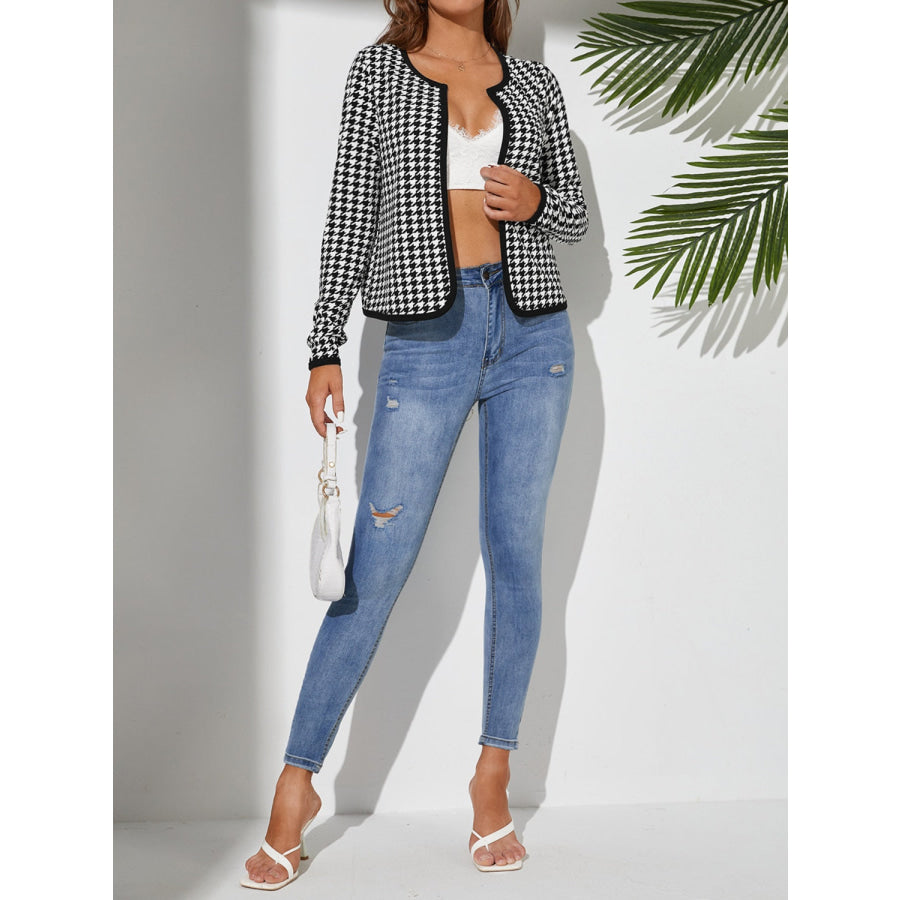 Houndstooth Open Front Long Sleeve Jacket Apparel and Accessories