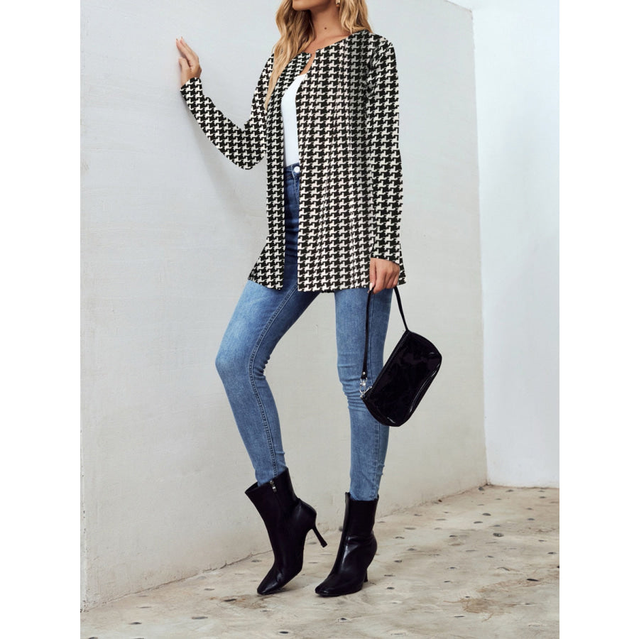 Houndstooth Open Front Long Sleeve Jacket Apparel and Accessories