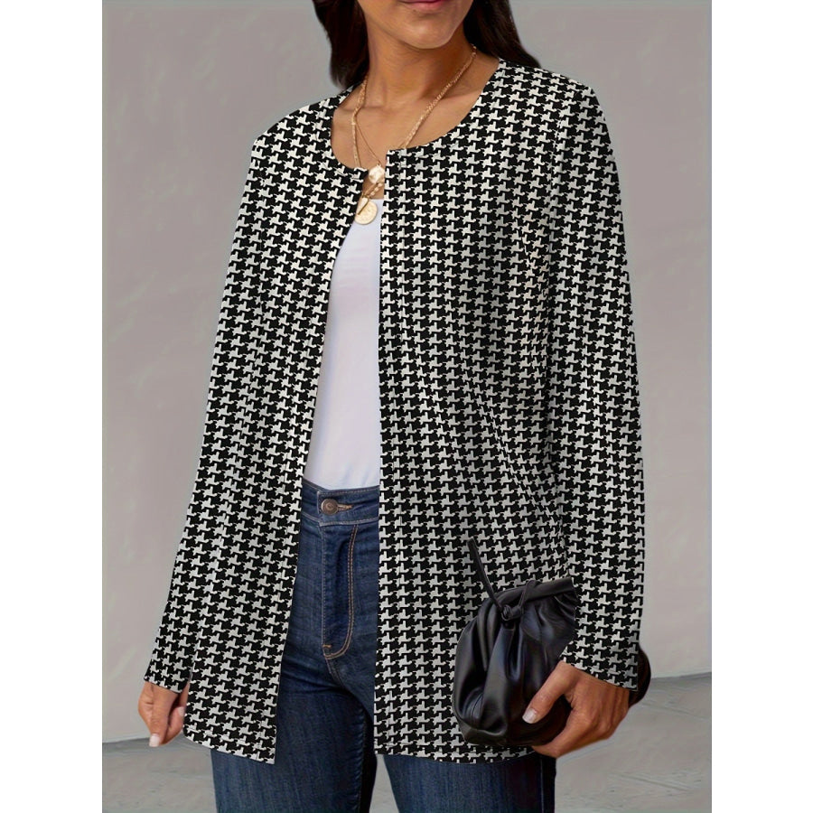 Houndstooth Open Front Long Sleeve Jacket Black / S Apparel and Accessories