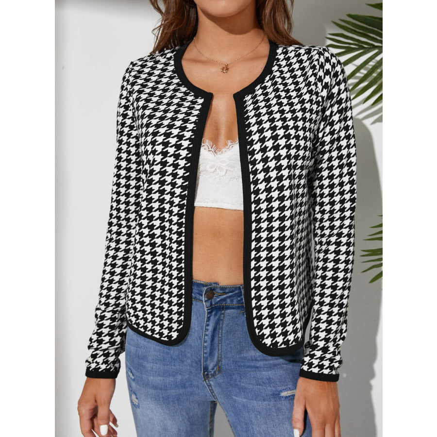 Houndstooth Open Front Long Sleeve Jacket Black / S Apparel and Accessories