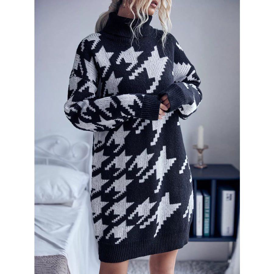 Houndstooth Pattern Turtleneck Sweater Dress Apparel and Accessories
