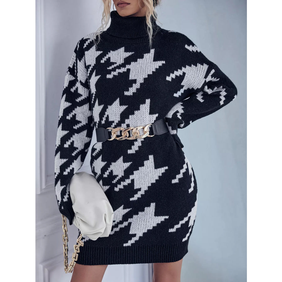 Houndstooth Pattern Turtleneck Sweater Dress Black / S Apparel and Accessories