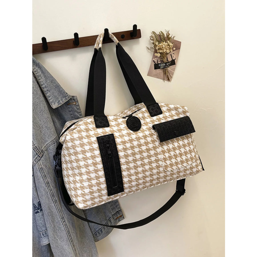 Houndstooth Patterned Travel Duffle Bag Khaki / onesize Apparel and Accessories