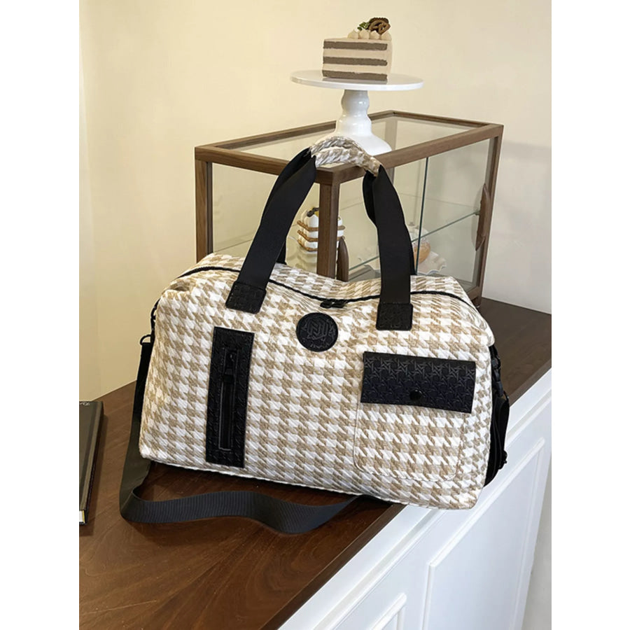 Houndstooth Patterned Travel Duffle Bag Khaki / onesize Apparel and Accessories