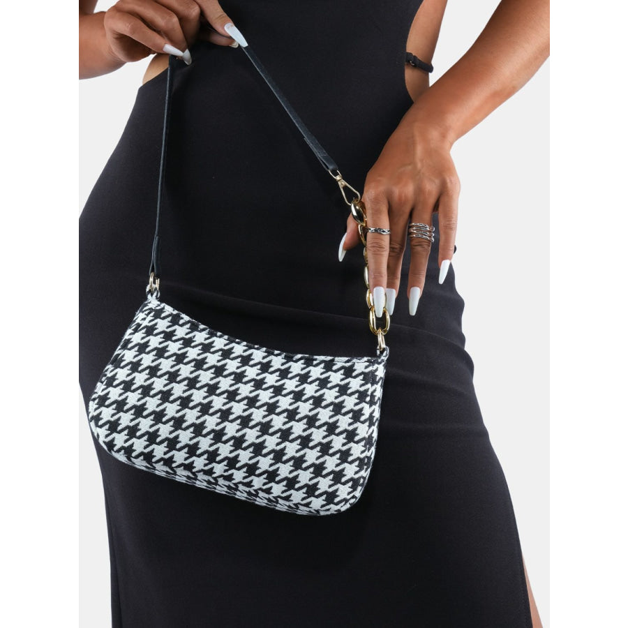 Houndstooth Polyester Handbag Black/White / One Size Apparel and Accessories