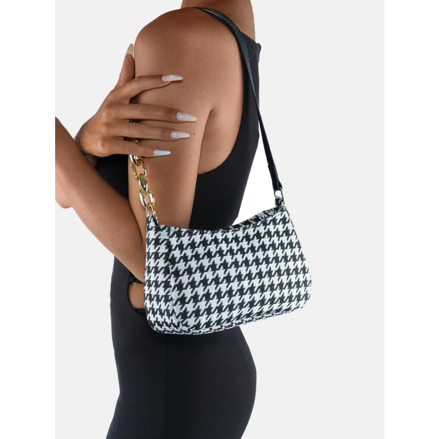 Houndstooth Polyester Handbag Black/White / One Size Apparel and Accessories