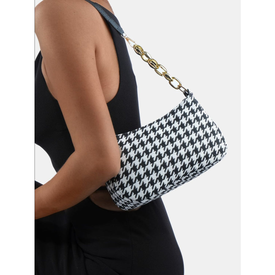 Houndstooth Polyester Handbag Black/White / One Size Apparel and Accessories