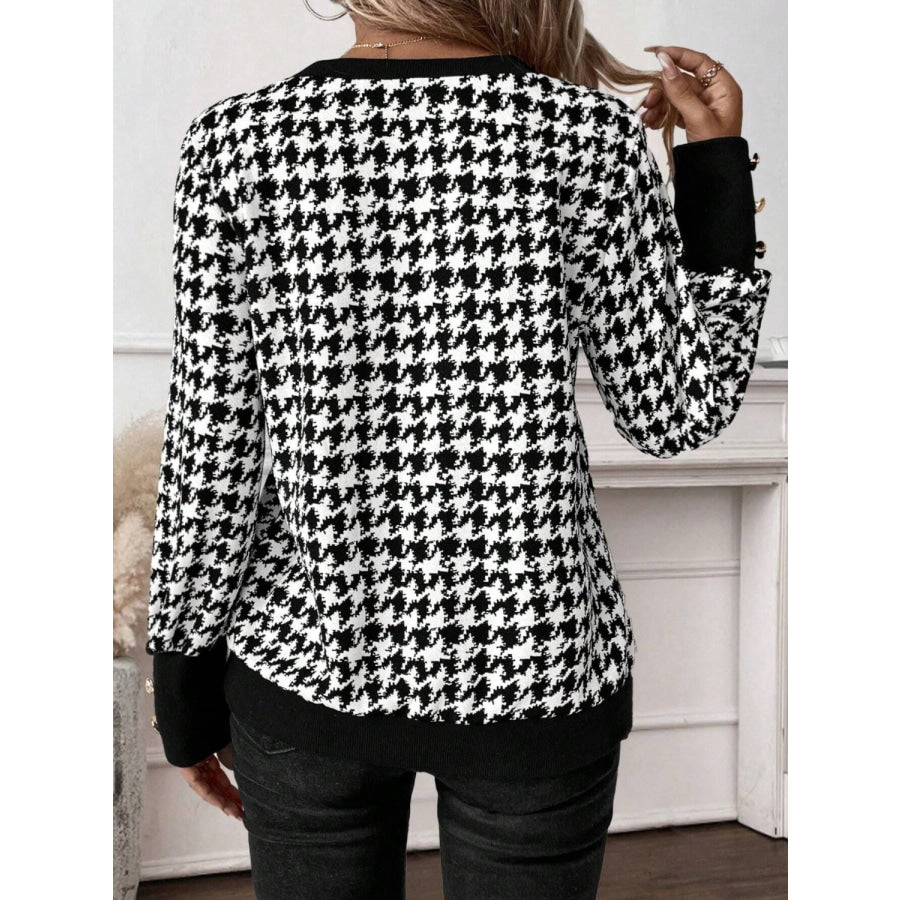 Houndstooth V-Neck Long Sleeve T-Shirt Apparel and Accessories