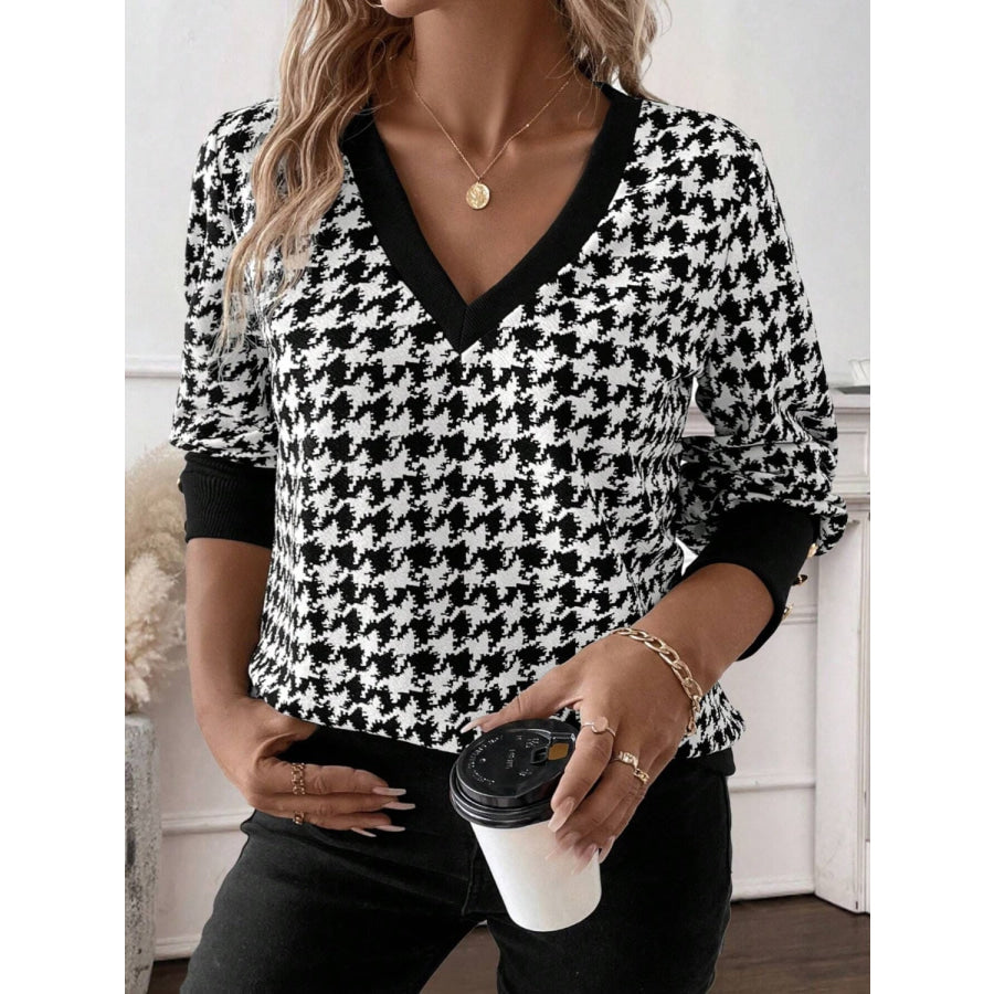 Houndstooth V-Neck Long Sleeve T-Shirt Black / S Apparel and Accessories