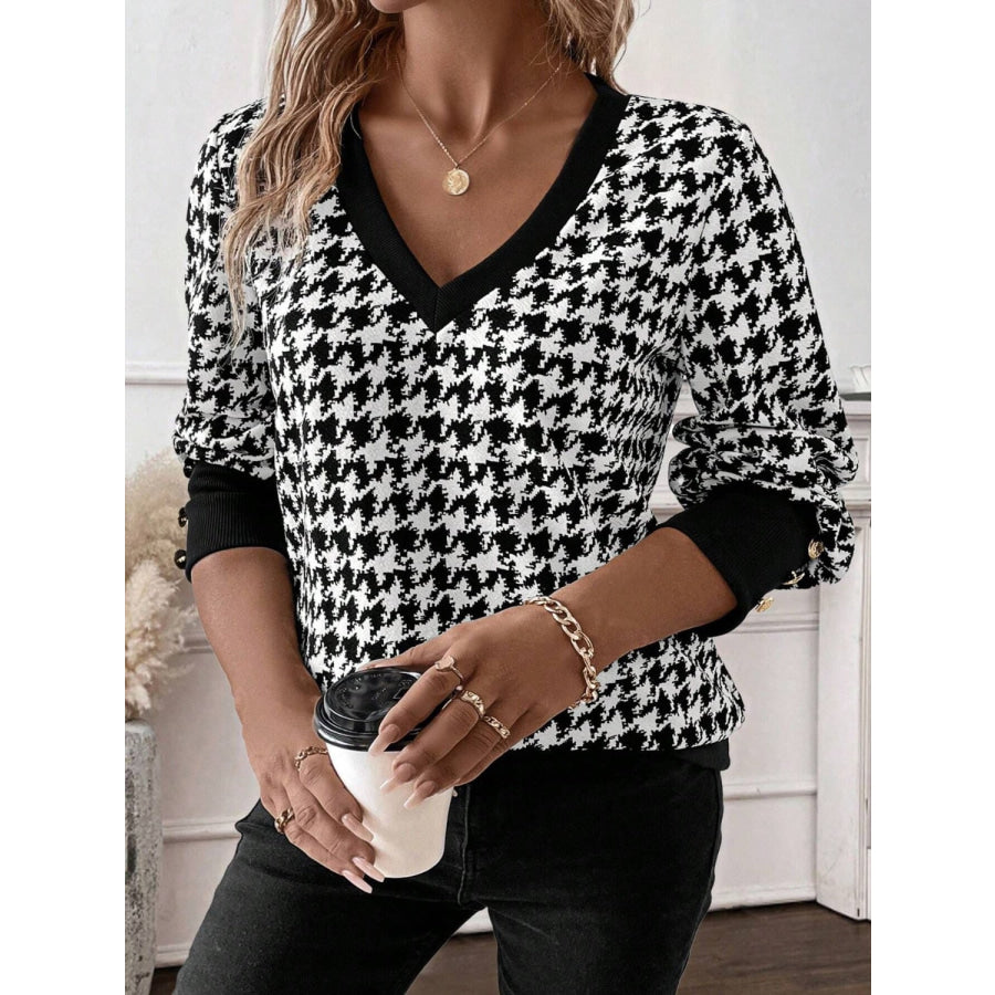 Houndstooth V-Neck Long Sleeve T-Shirt Apparel and Accessories