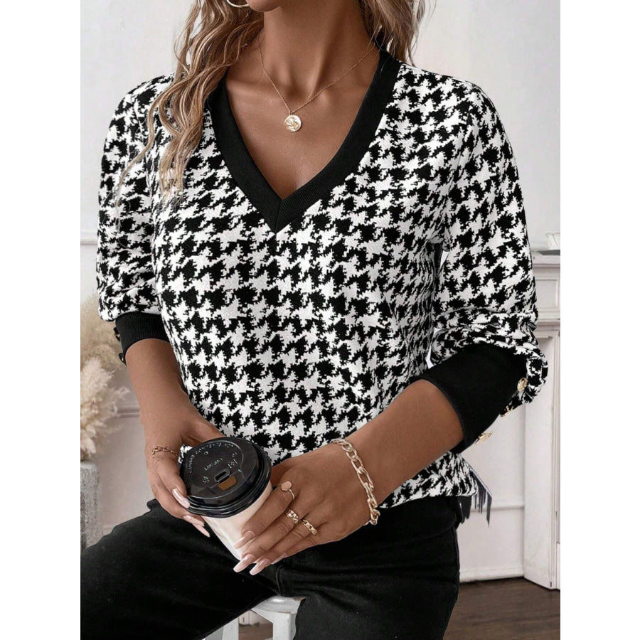 Houndstooth V-Neck Long Sleeve T-Shirt Apparel and Accessories