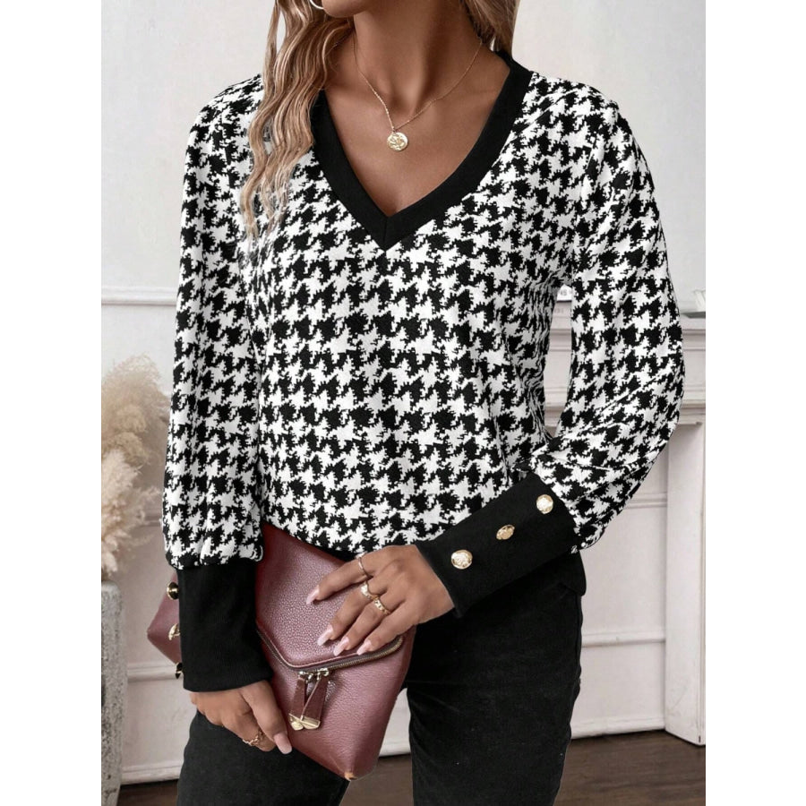 Houndstooth V-Neck Long Sleeve T-Shirt Apparel and Accessories