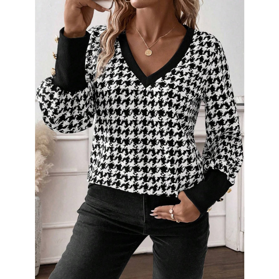 Houndstooth V-Neck Long Sleeve T-Shirt Black / S Apparel and Accessories