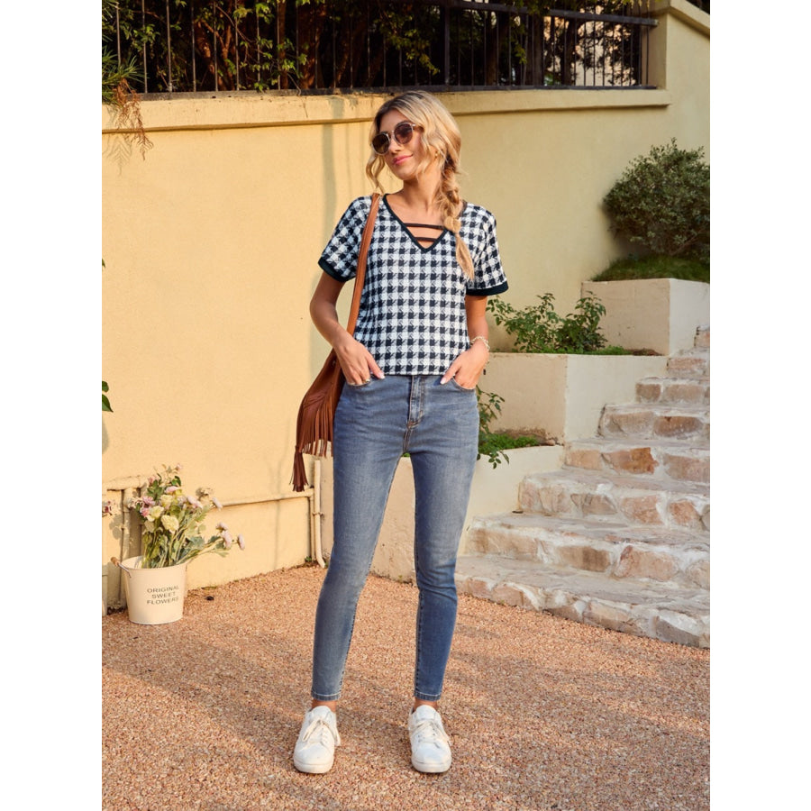 Houndstooth V-Neck Short Sleeve T-Shirt Apparel and Accessories
