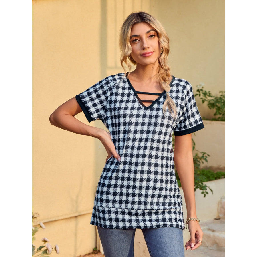 Houndstooth V-Neck Short Sleeve T-Shirt Apparel and Accessories