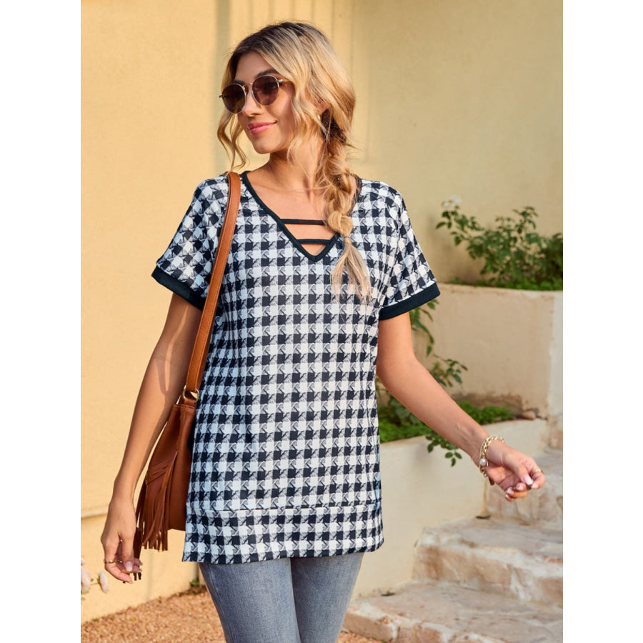 Houndstooth V-Neck Short Sleeve T-Shirt Apparel and Accessories