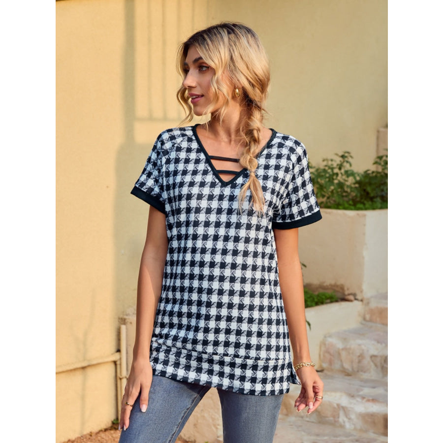 Houndstooth V-Neck Short Sleeve T-Shirt Cobalt Blue / S Apparel and Accessories