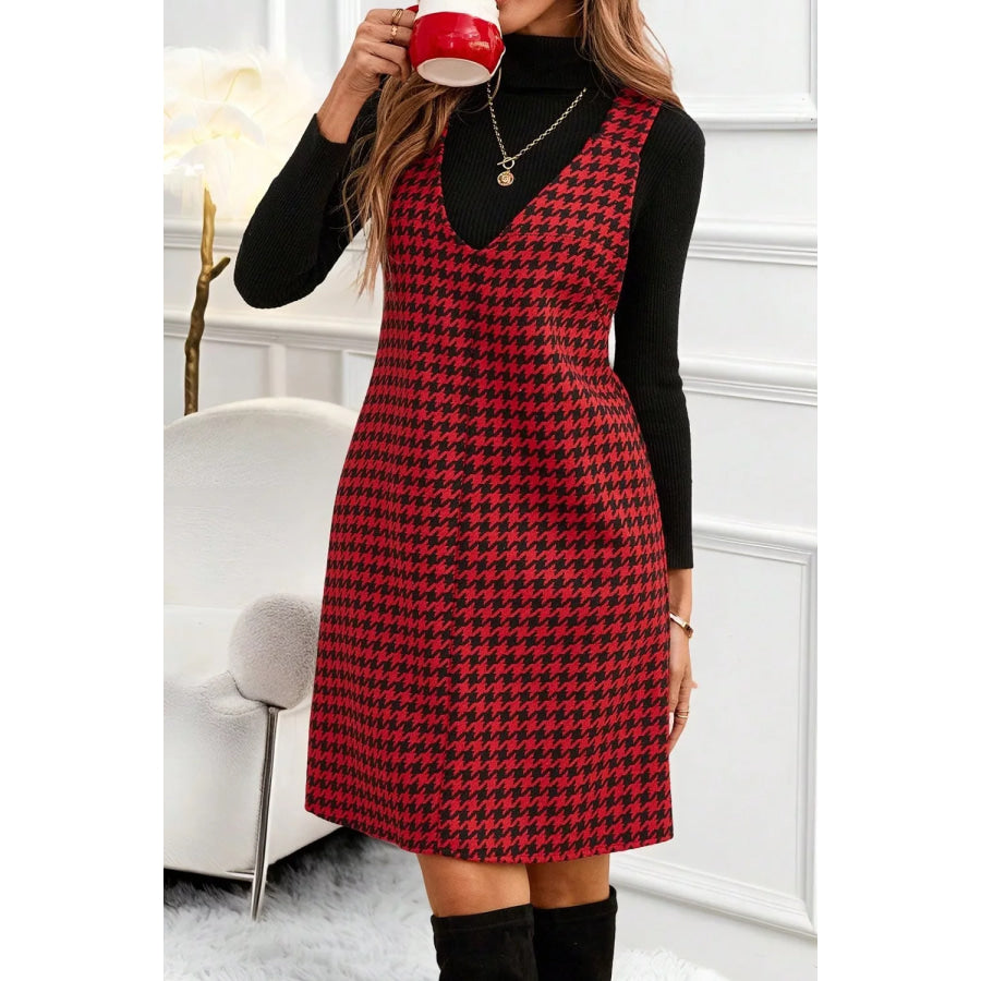 Houndstooth V-Neck Sleeveless Mini Dress Burgundy / M Apparel and Accessories