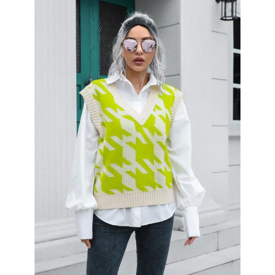 Houndstooth V-Neck Sweater Vest Lime / S Clothing