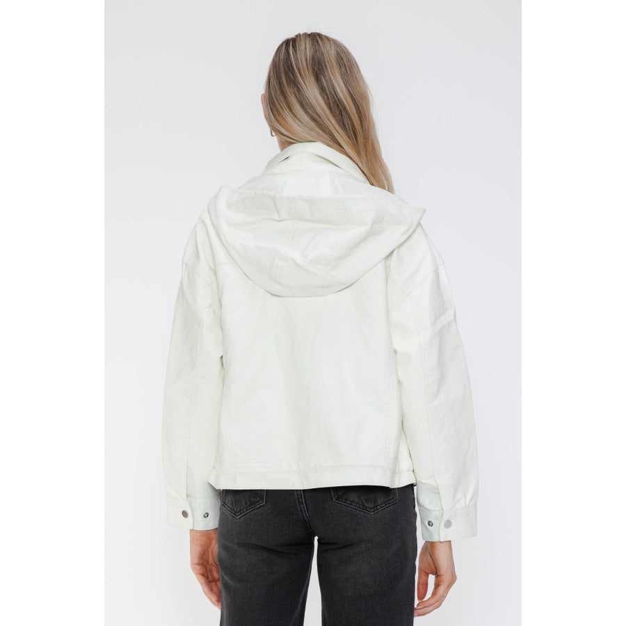 How Dare U Drawstring Hem PU Leather Zip Up Jacket White / S Apparel and Accessories