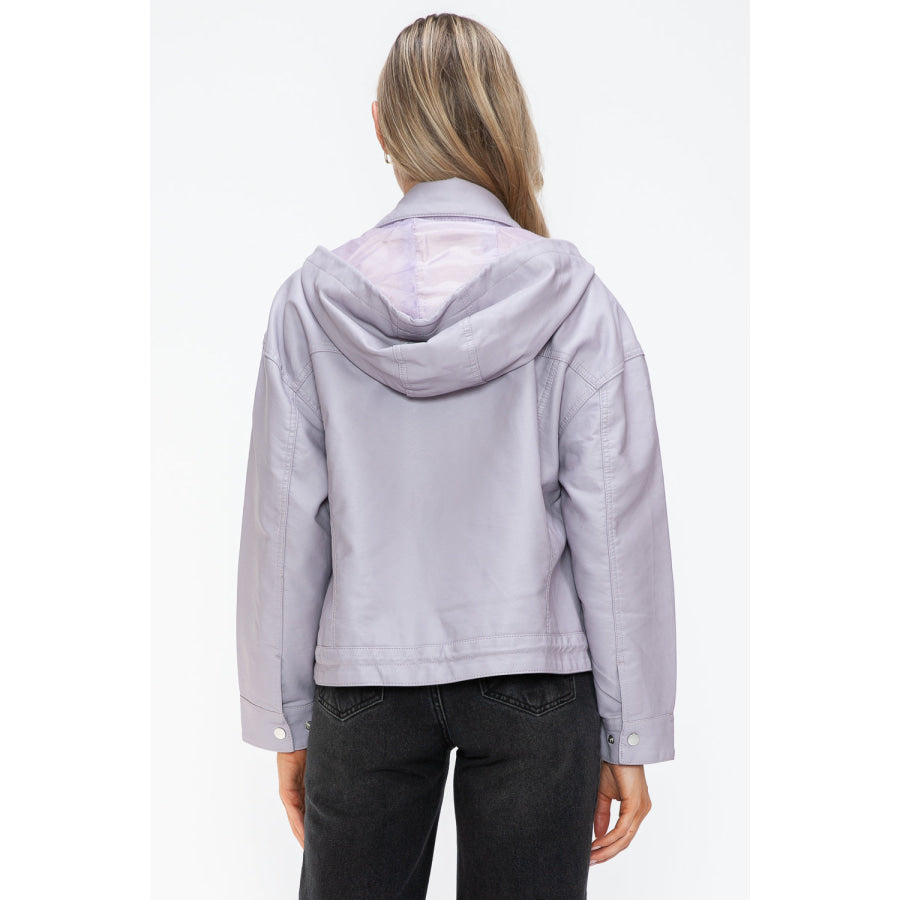 How Dare U Drawstring Hem PU Leather Zip Up Jacket Lilac / S Apparel and Accessories