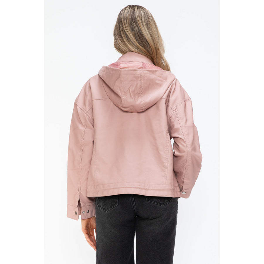 How Dare U Drawstring Hem PU Leather Zip Up Jacket Mauve / S Apparel and Accessories