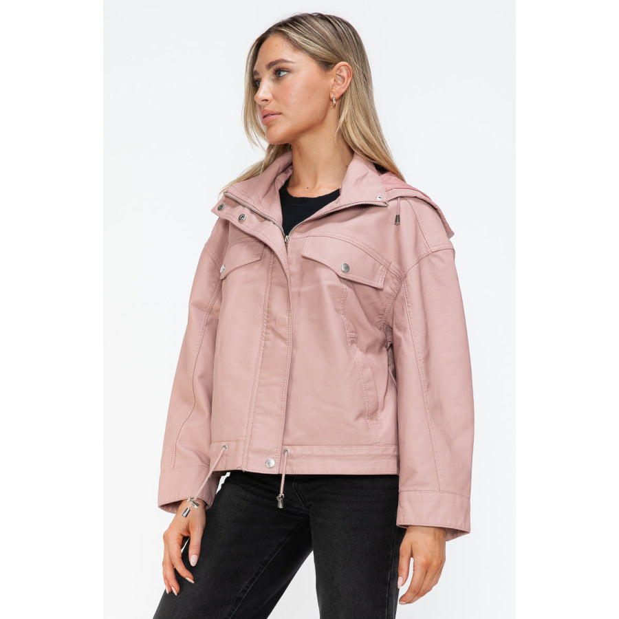 How Dare U Drawstring Hem PU Leather Zip Up Jacket Apparel and Accessories