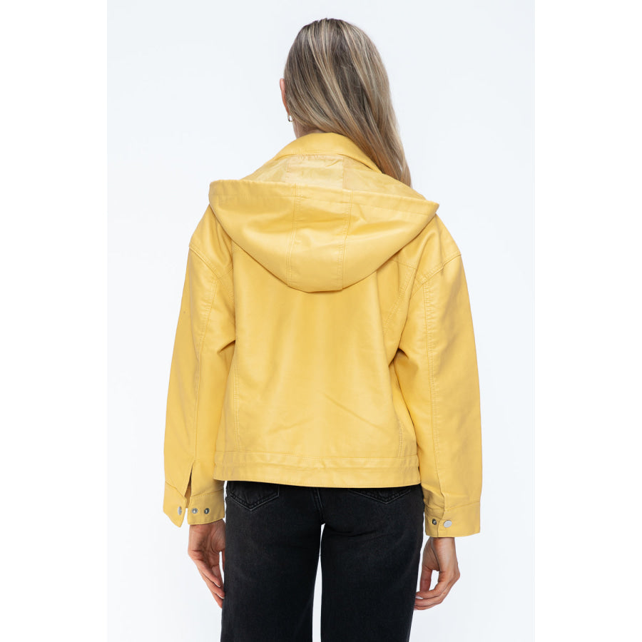 How Dare U Drawstring Hem PU Leather Zip Up Jacket Pale Yellow / S Apparel and Accessories