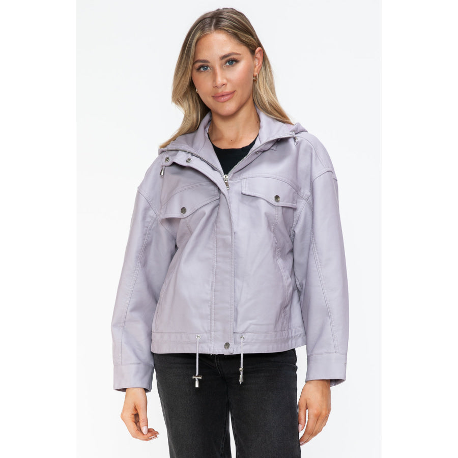 How Dare U Drawstring Hem PU Leather Zip Up Jacket Lilac / S Apparel and Accessories