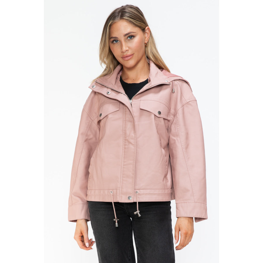 How Dare U Drawstring Hem PU Leather Zip Up Jacket Mauve / S Apparel and Accessories