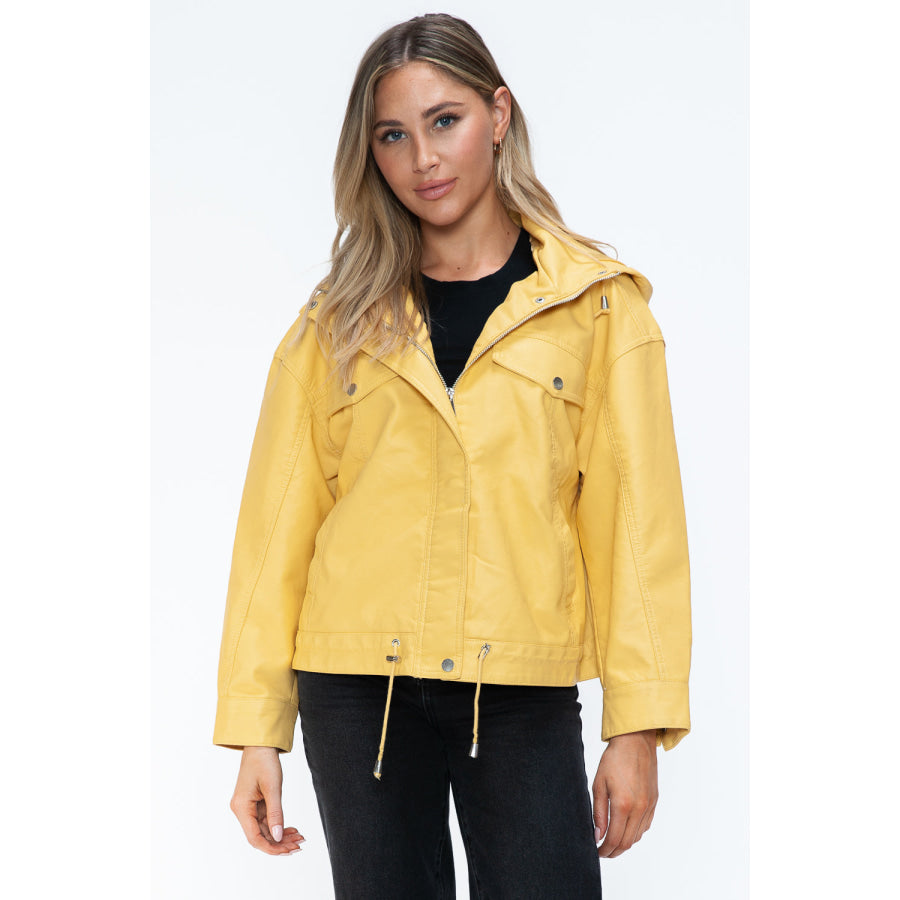 How Dare U Drawstring Hem PU Leather Zip Up Jacket Pale Yellow / S Apparel and Accessories