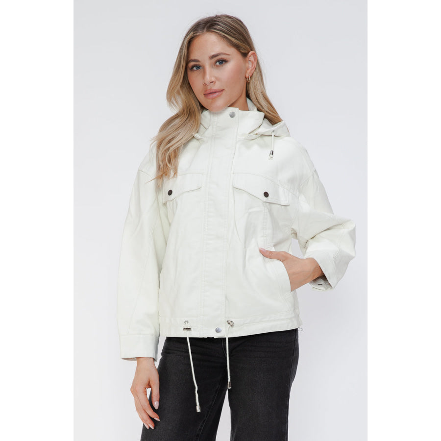 How Dare U Drawstring Hem PU Leather Zip Up Jacket White / S Apparel and Accessories