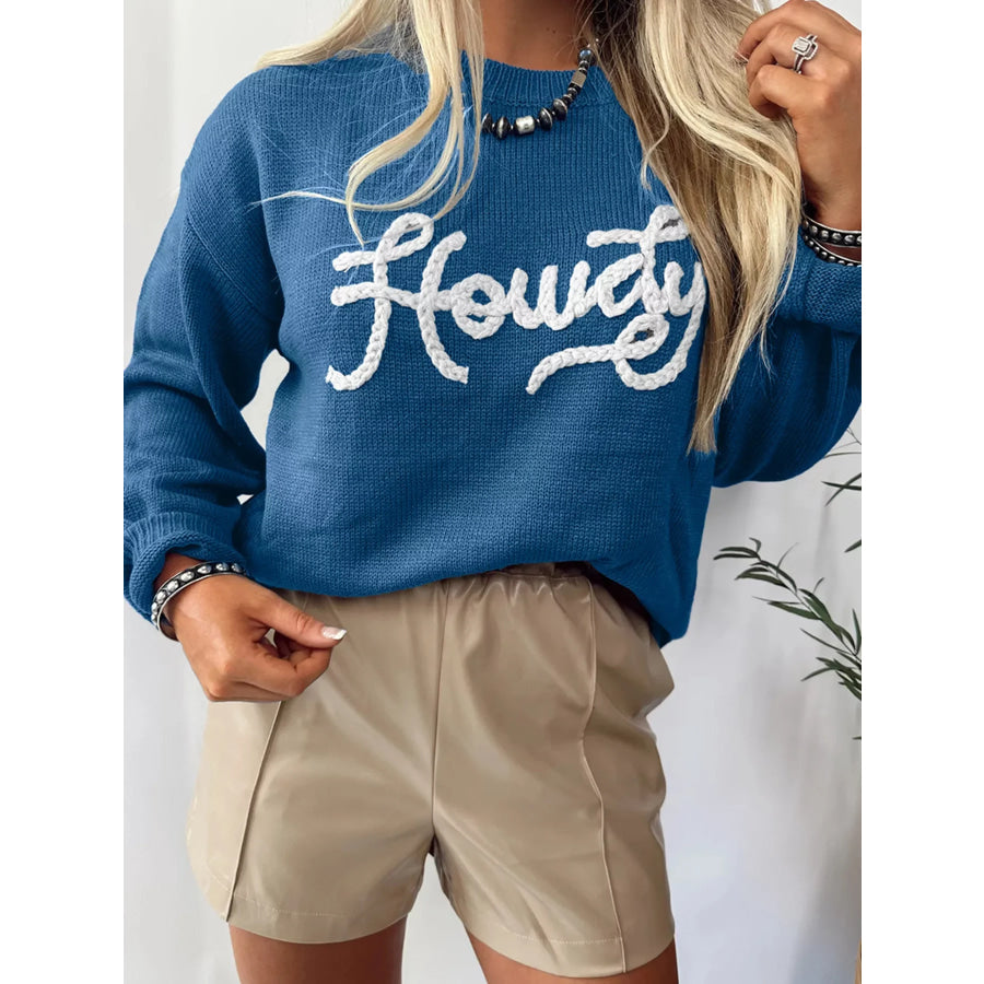 Howdy Embroidered Round Neck Sweater Dusty Blue / S Apparel and Accessories