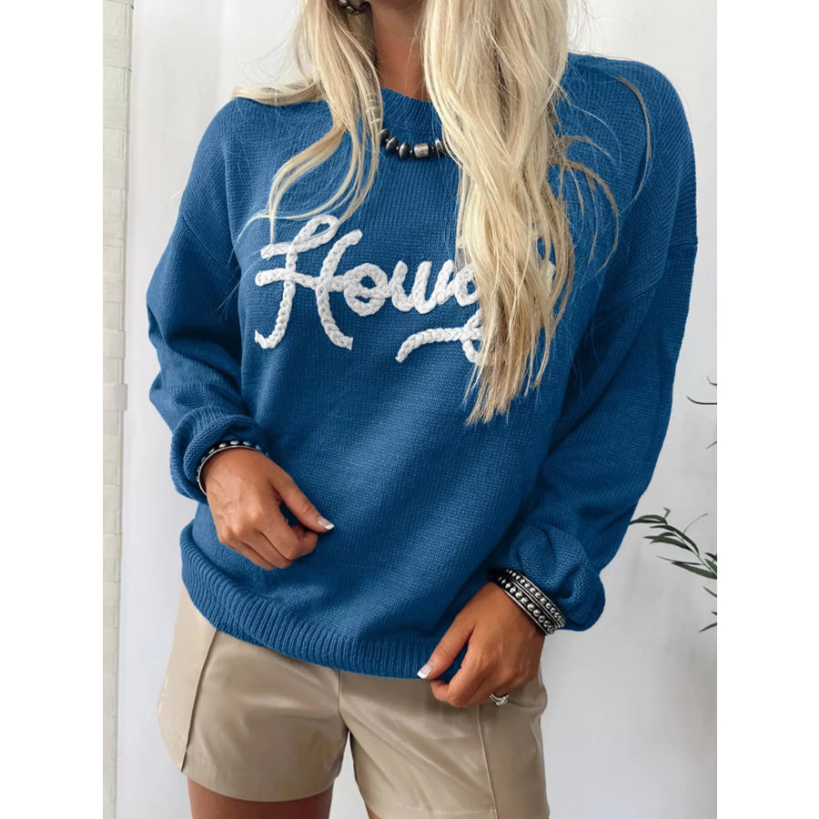 Howdy Embroidered Round Neck Sweater Dusty Blue / S Apparel and Accessories