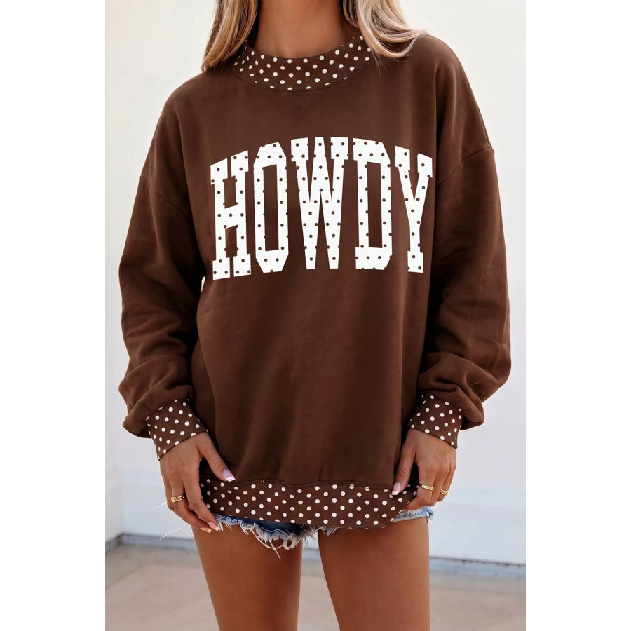 ’HOWDY’ Graphic Polka Dot Trim Sweatshirt Brown / S Apparel and Accessories