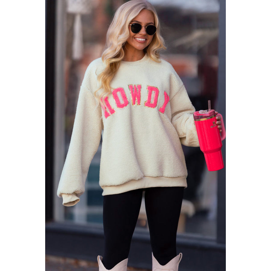 HOWDY Patched Round Neck Sherpa Sweatshirt Apparel and Accessories