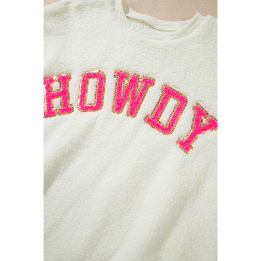 HOWDY Patched Round Neck Sherpa Sweatshirt Apparel and Accessories