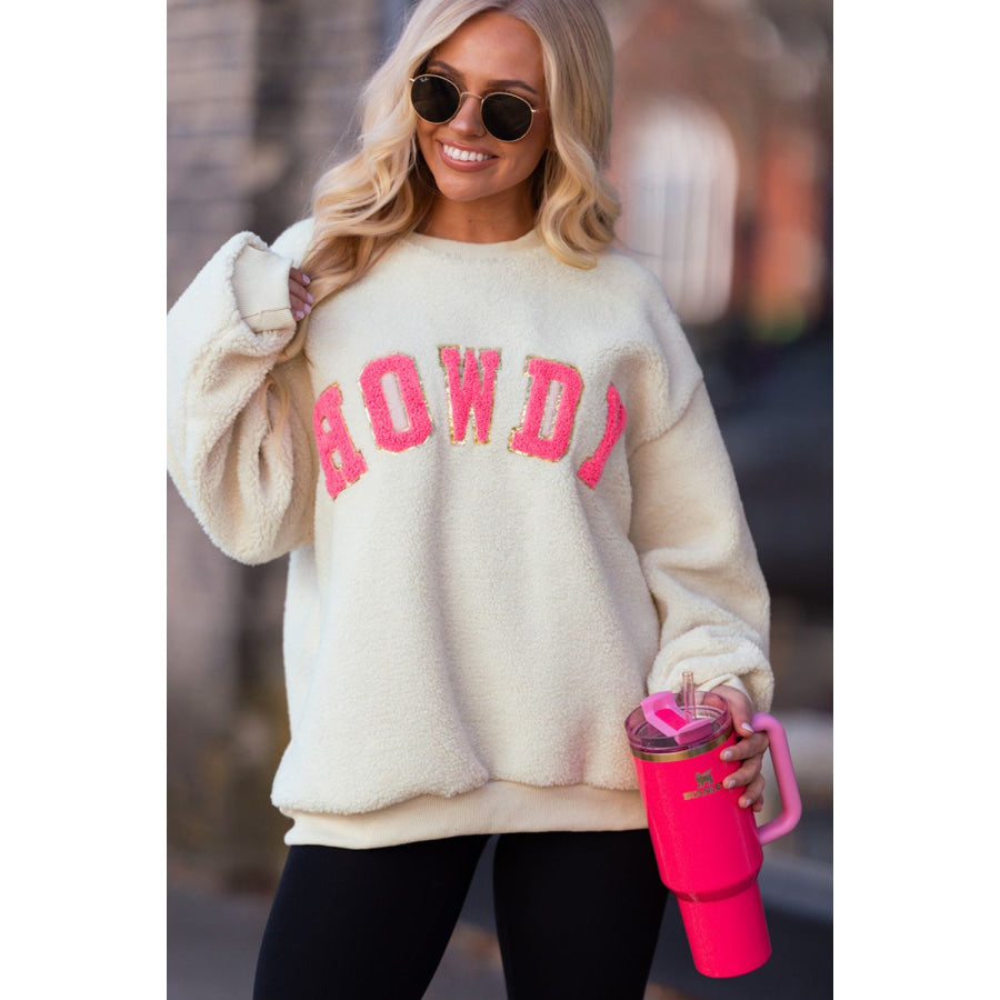 HOWDY Patched Round Neck Sherpa Sweatshirt Apparel and Accessories