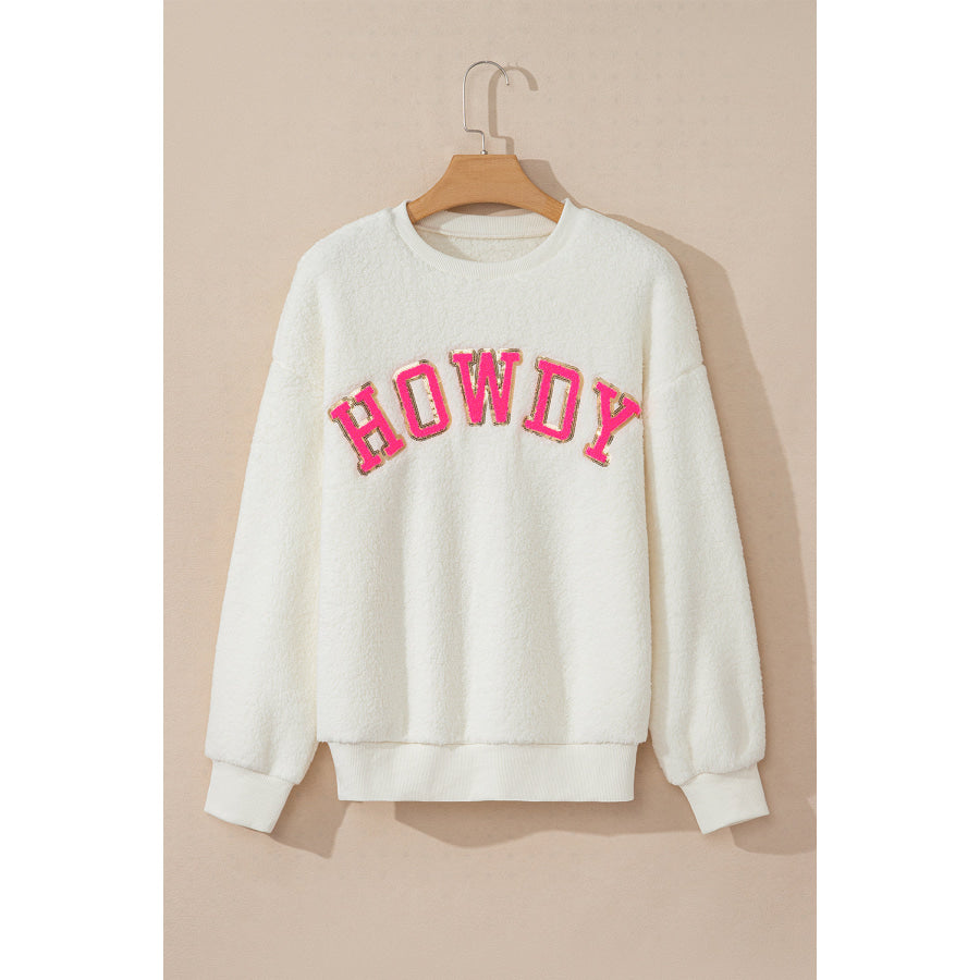 HOWDY Patched Round Neck Sherpa Sweatshirt Apparel and Accessories