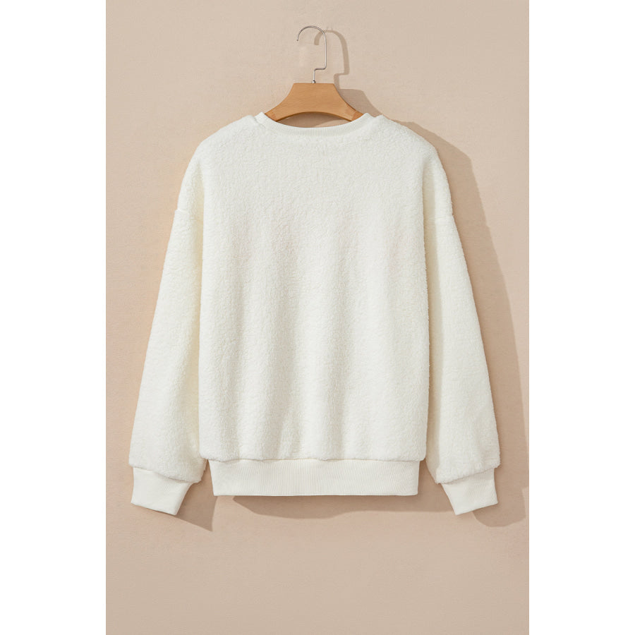 HOWDY Patched Round Neck Sherpa Sweatshirt Apparel and Accessories