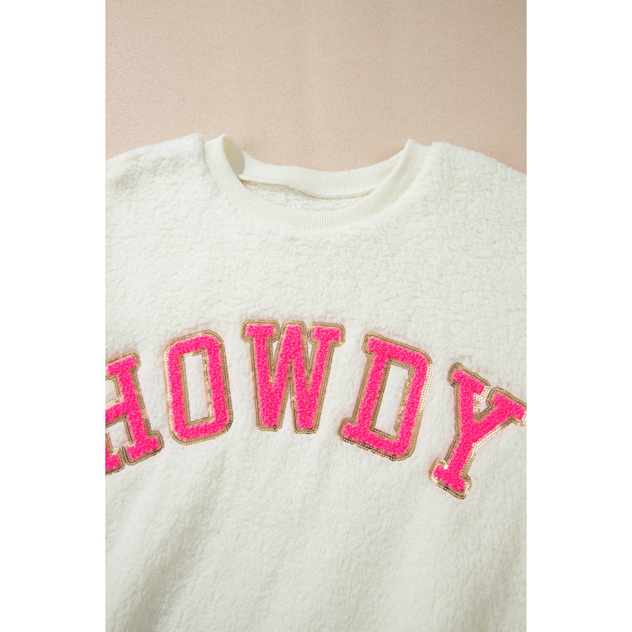 HOWDY Patched Round Neck Sherpa Sweatshirt Apparel and Accessories