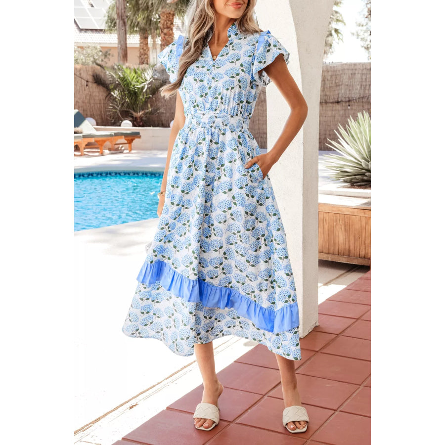Hydrangea Floral Print Ruffle Trim Flutter Sleeve Dress Apparel and Accessories