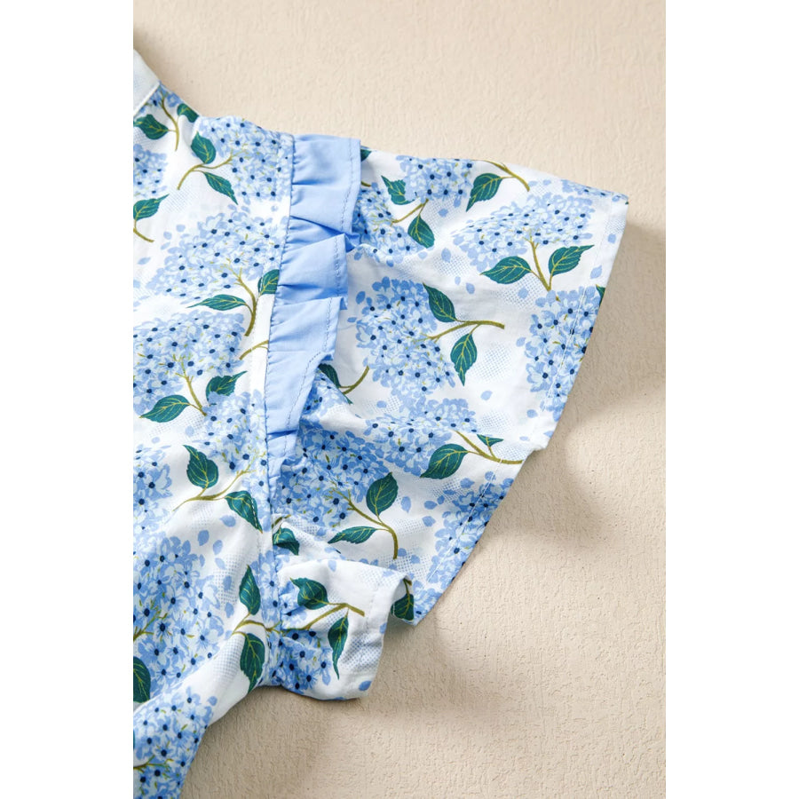 Hydrangea Floral Print Ruffle Trim Flutter Sleeve Dress Apparel and Accessories
