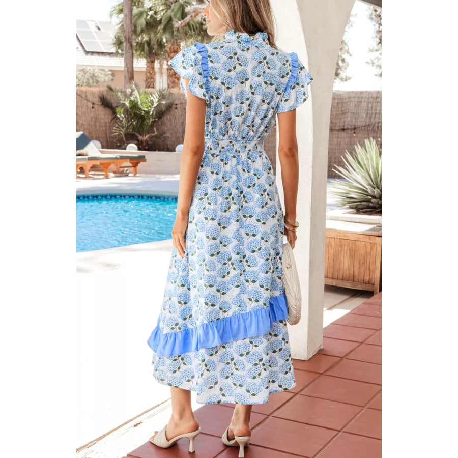 Hydrangea Floral Print Ruffle Trim Flutter Sleeve Dress Apparel and Accessories