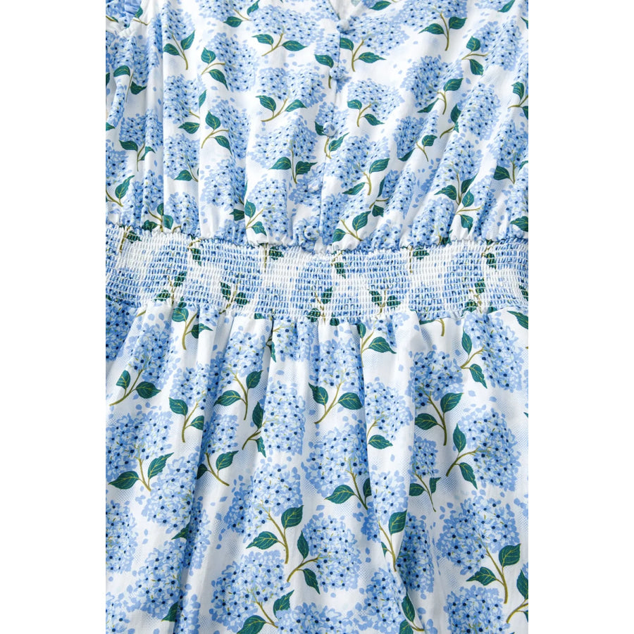 Hydrangea Floral Print Ruffle Trim Flutter Sleeve Dress Apparel and Accessories