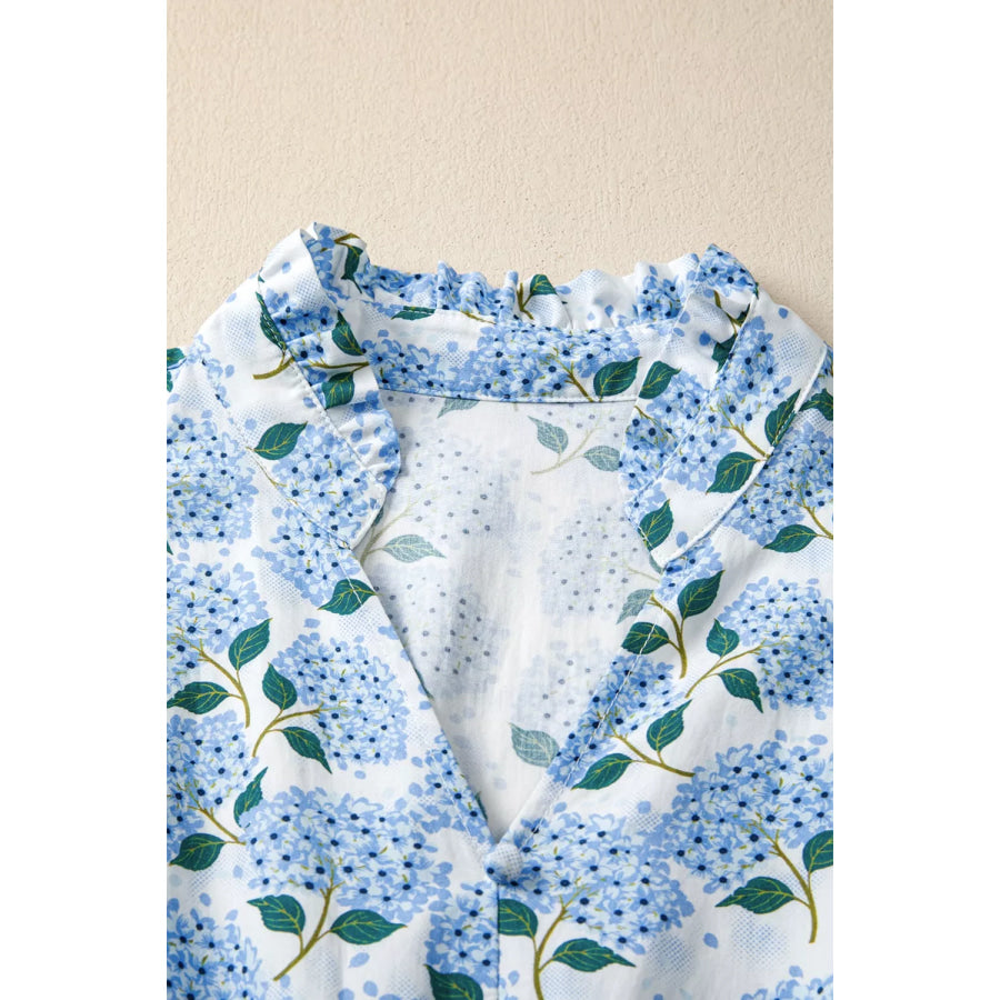 Hydrangea Floral Print Ruffle Trim Flutter Sleeve Dress Apparel and Accessories